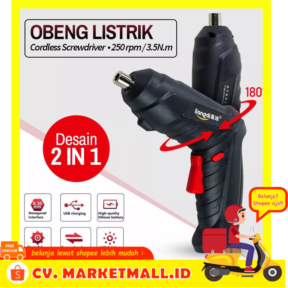 Obeng / Bor Listrik Tanpa Kabel Cordless Screwdriver Baterai 1800 mAh Liangdi - 7ROTKOBK