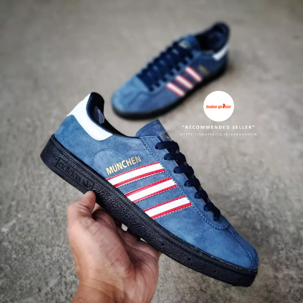 PROMO Sepatu Sneakers Adidas Munchen Edge Navy Premium TOP Quality Include Box, Bahan Kulit Suede ASLI, Harga Termurah