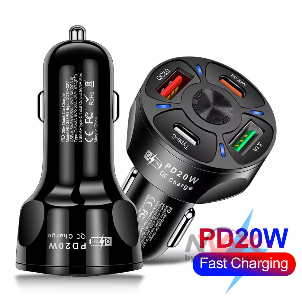 Taffware KF20 Charger Mobil Cigarette Plug USB TYPE-C PD 20W Quick Charge Bisa charge HP Smartphone hingga Laptop anti konslet ada sikring otomatis anti terbakar 4 Ports USB Car Charger Fast Charging QC3.0 PD20W USB C Car Phone Charger USB Type C Charger