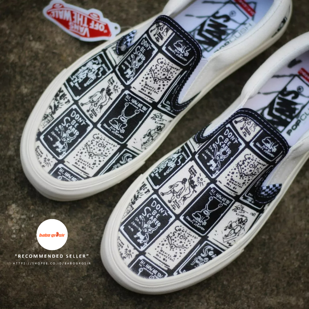 PROMO Sepatu Slip On Pria Wanita | Vans Slip On Daniel Johnston Premium Import Quality Include Box, Upper Kanvas, Waffle DT Anti Slip, Tag Made in China, Harga Termurah