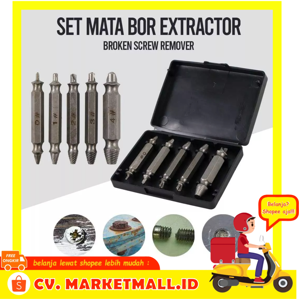 Set 5 PCS Mata Bor Baja Perbaikan Baut Skrup Patah Extractor Broken Screw Remover DIZAINLIFE - 7ROTJ8SV