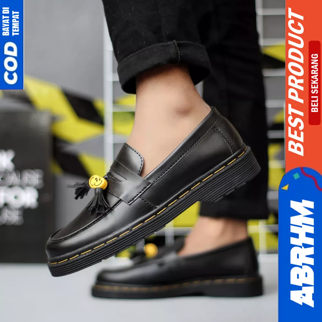 ABRHM Sepatu Loafers Penny Docmart Formal Kerja Hitam Pria Smile