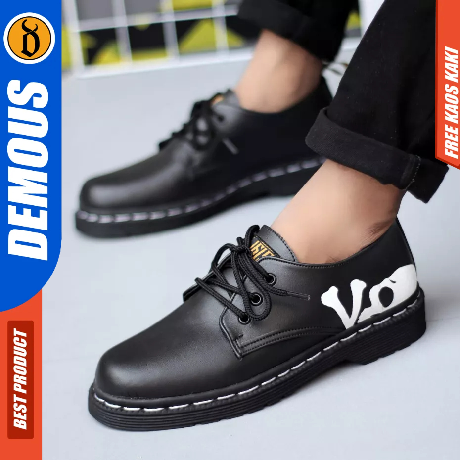 DEMOUS Skull - Sepatu Docmart Low Boots Formal Tali Hitam Kerja Pria