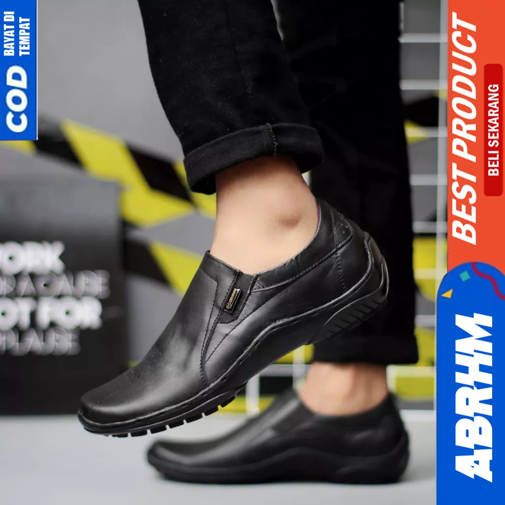 ABRHM Casual Formal Slop Kulit Asli Pantofel Hitam Kerja Pria