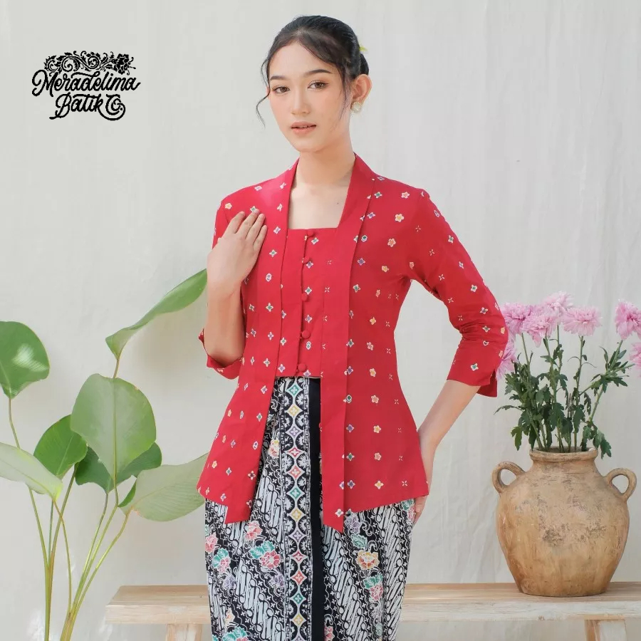 Kebaya Kutubaru Etnik Jasmine Lengan 7/8 Meradelima Katun Merah