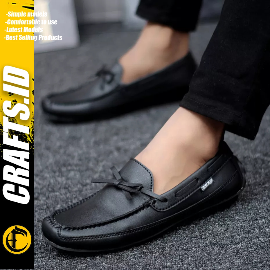 HOUSTON Sepatu Slip On Pria Kulit Asli Sepatu Pria Casual Pantofel Kerja Sepatu Kasual Santai Kuliah Kondangan Semi Formal Gaya Keren Kekinian