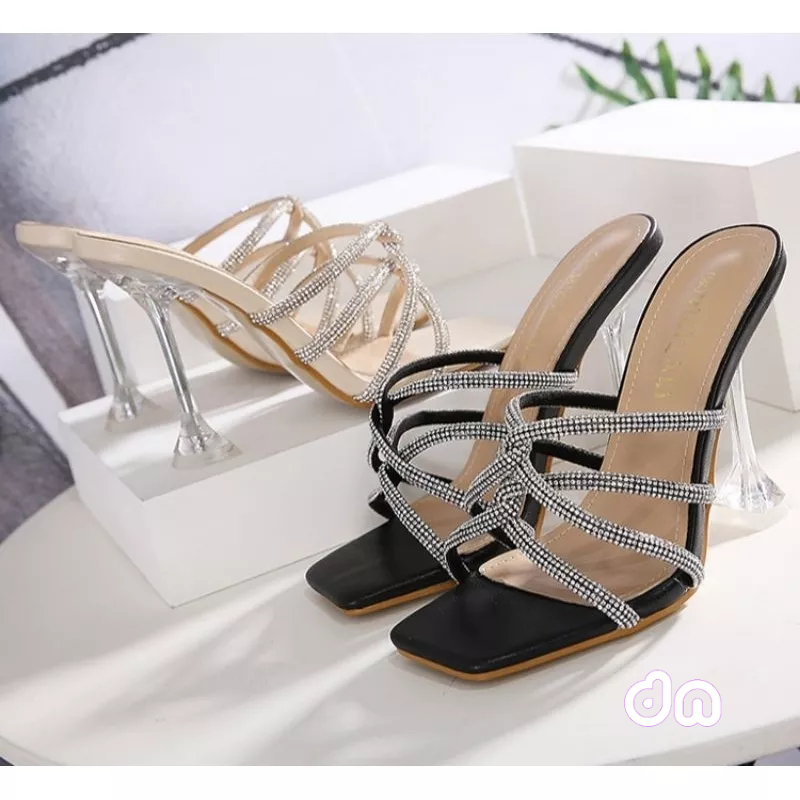 DENIA 10 Sandal high heels hak kaca wanita tali glitter premium silang