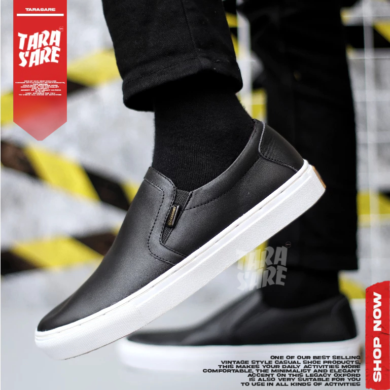 MORIY - Sepatu Sneakers Slip On Kulit Asli Hitam Pria