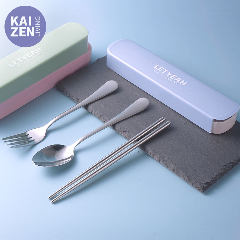 Letyeah &amp; Kaizenliving Cutlery Set Portable Travel / Sendok Garpu Sumpit Set Stainless Steel  3pc