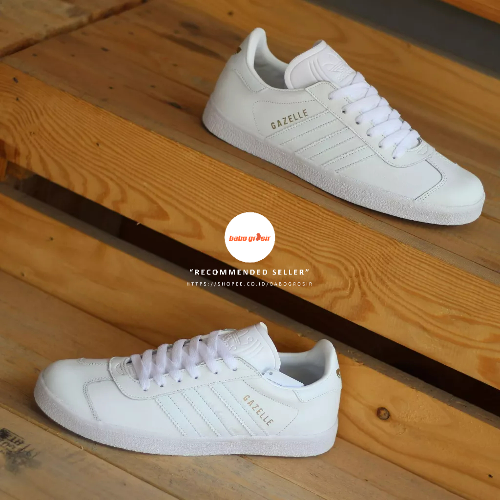 PROMO Sepatu Sneakers Murah | Adidas Gazelle Full White Premium TOP Quality, Bahan Kulit, Harga Termurah