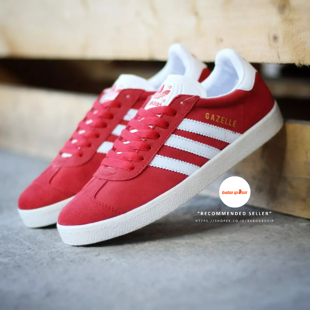 PROMO Sepatu Sneakers Murah | Adidas Gazelle Suede Leather Red White Premium TOP Quality, Bahan Kulit Suede, Harga Termurah