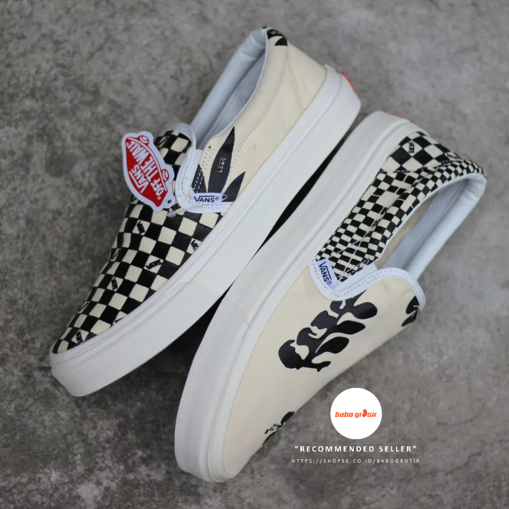 PROMO Sepatu Slip On Pria Wanita | Vans Slip On OG Mono X Porter Yoshida Checkerboard Cream Black Premium Quality Include Box, Upper Kanvas, Waffle DT Anti Slip, Tag Made in China, Harga Termurah