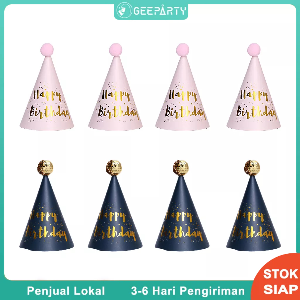 Topi Ulang Tahun Merah Muda Emas Hitam Kertas Selamat untuk Dekorasi Pesta Ulang Tahun Anak-Anak