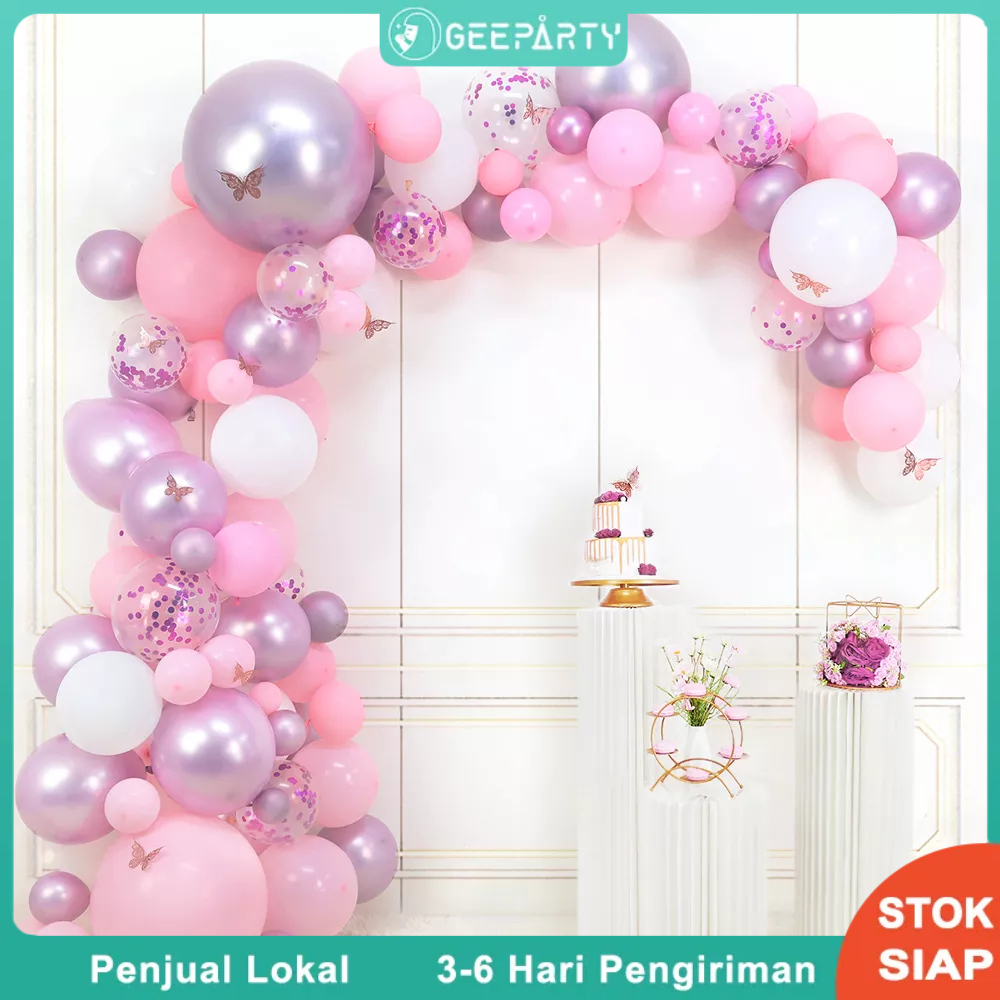 108 pcs karangan bunga lengkung balon lateks berwarna merah muda dan ungu bertema kupu-kupu untuk de