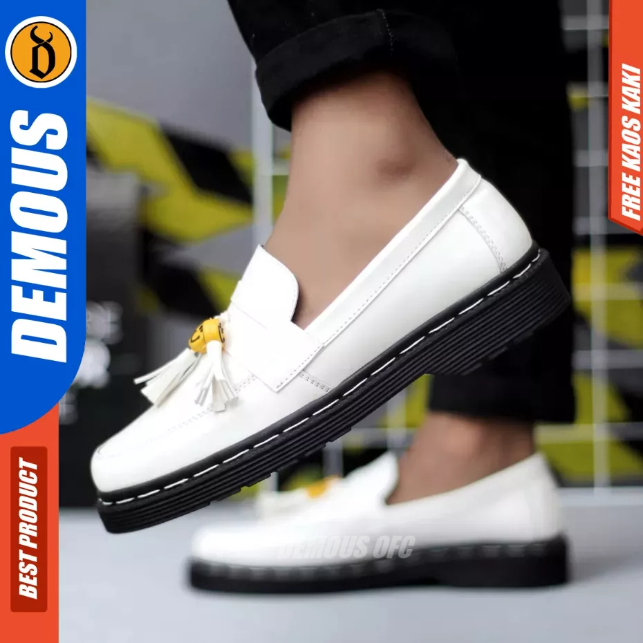 DEMOUS Smile - Sepatu Loafers Docmart Penny White Black Pantofel Pria