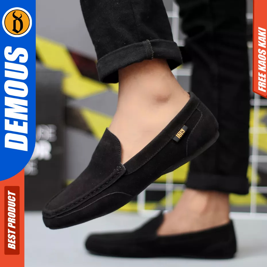 DEMOUS Modmaz - Sepatu Slip-on Casual Hitam Kulit Suede Kerja Pria