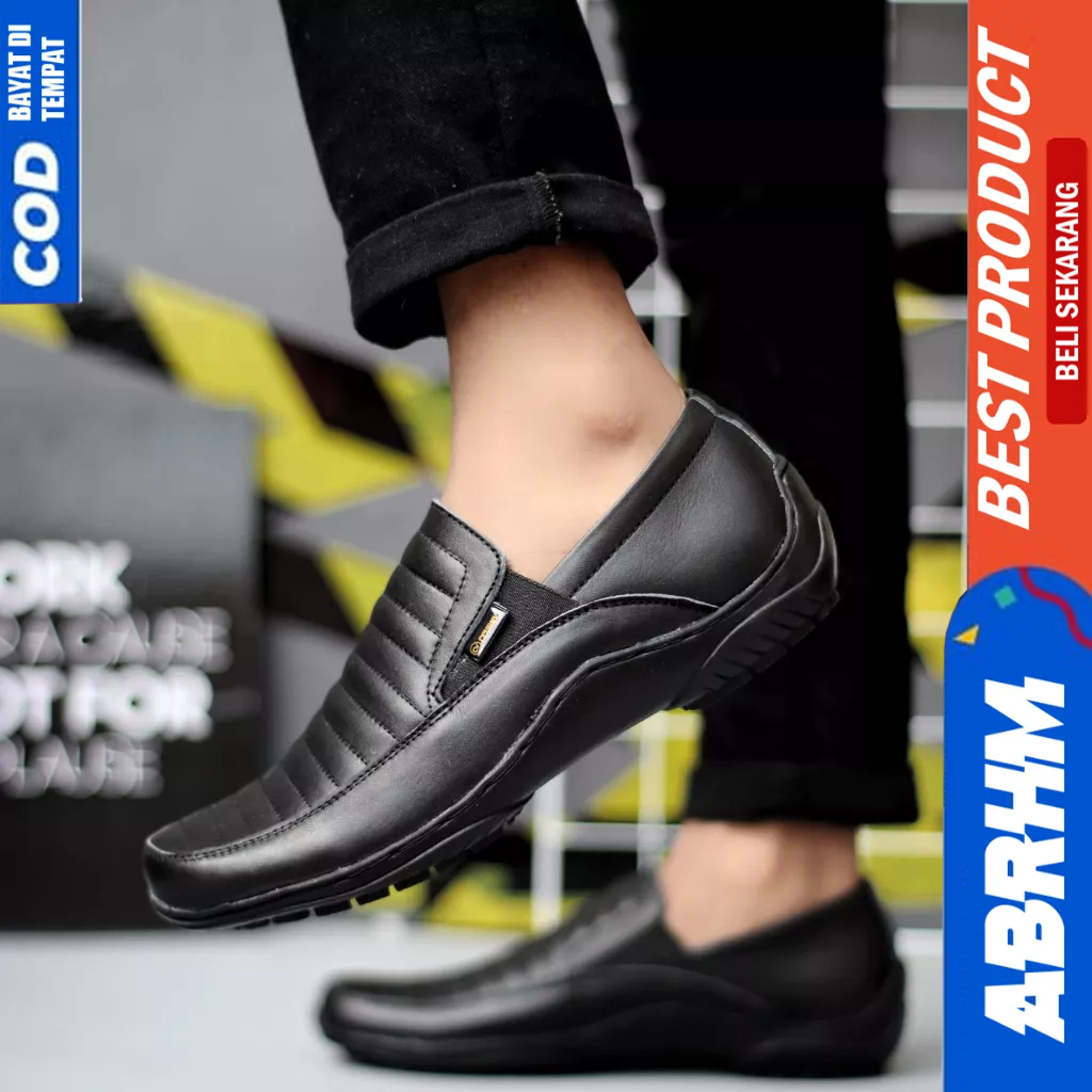 ABRHM Casual Formal Slop Kulit Asli Pantofel Hitam Kerja Pria