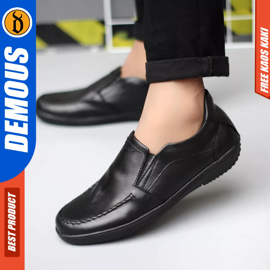 DEMOUS WILD - Sepatu Formal Casual Loafers Full Black Kulit Pu Pria