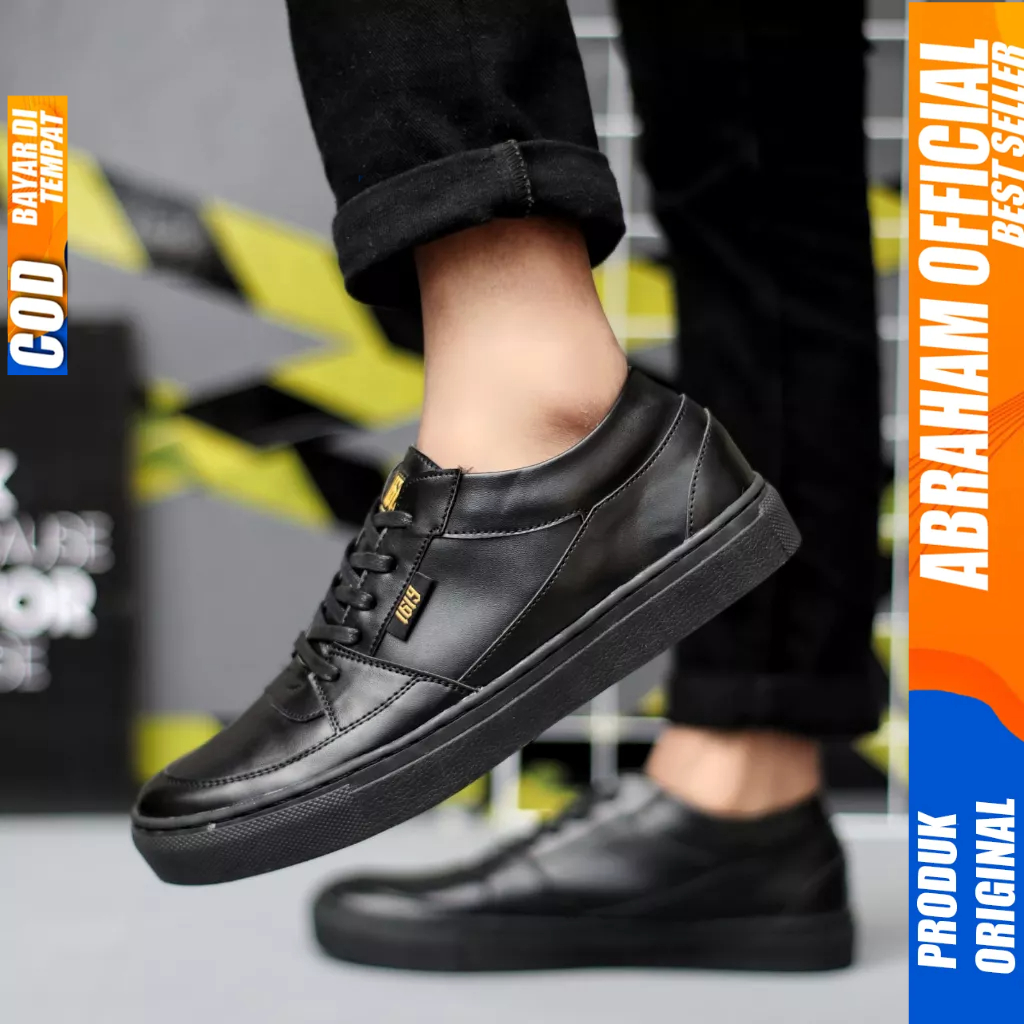 Sepatu Casual Sneakers Hitam Kulit Pu Formal Pria