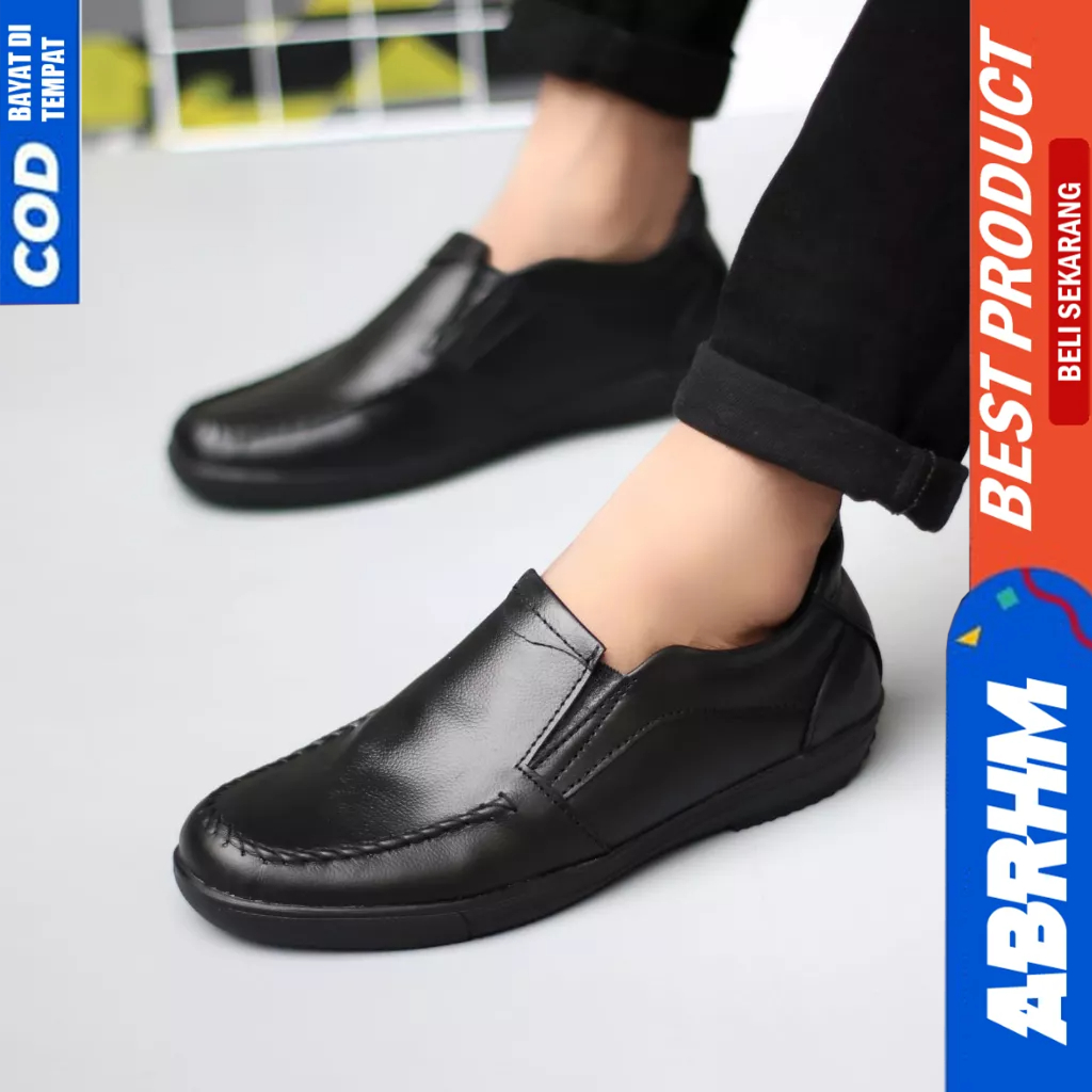 ABRHM Sepatu Casual Formal Slop Kulit Hitam Kerja Pria