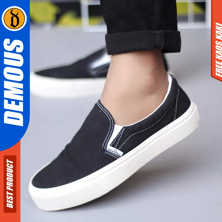 DEMOUS BRANZ - Sepatiu Casual Sneaker Slip-on Hitam Sekolah Pria