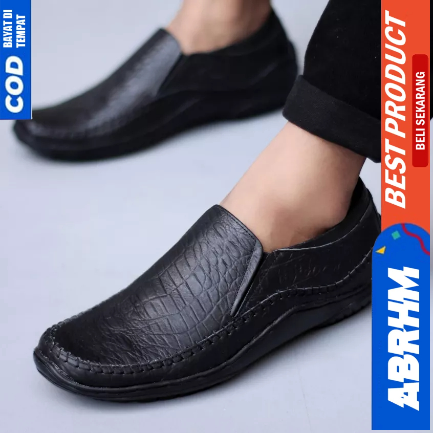 ABRHM Sepatu Formal Pantofel Kulit Asli Hitam Kerja Pria