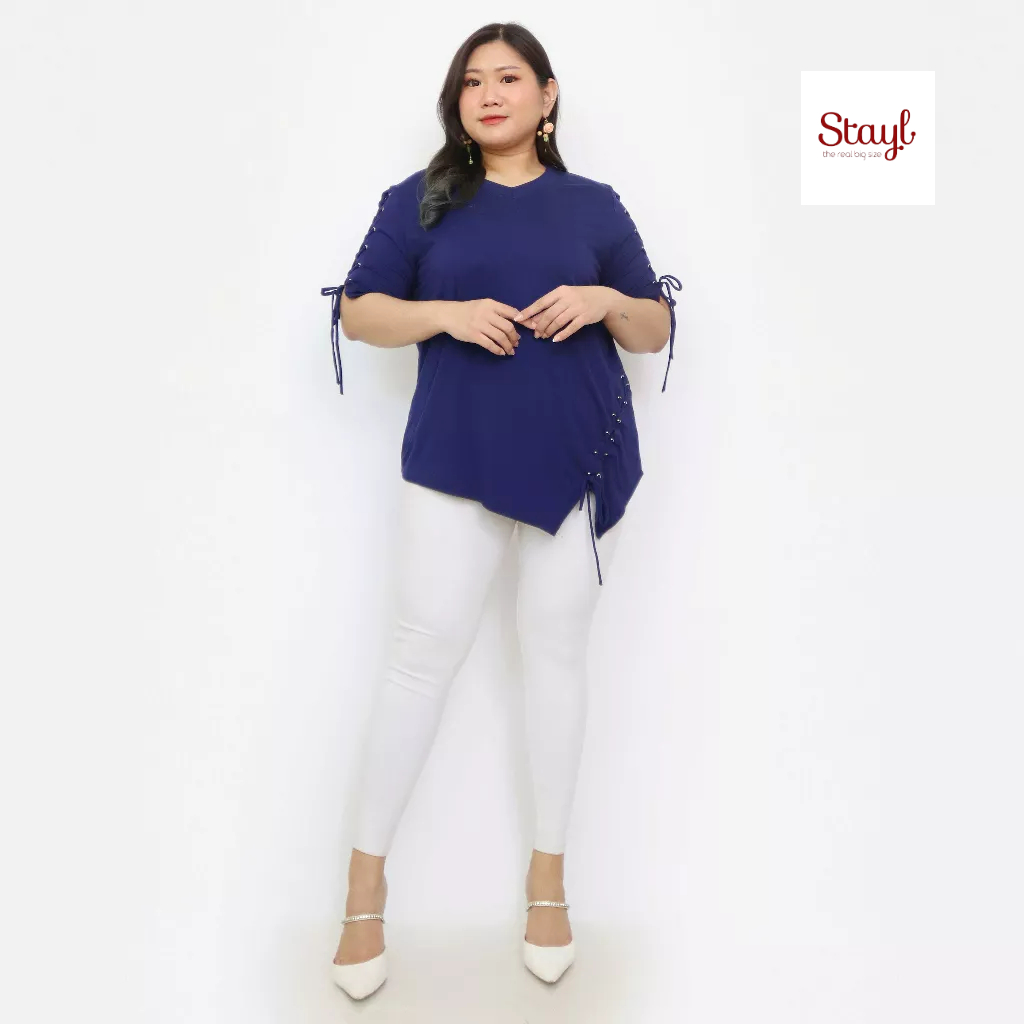 STAYL Kaos Wanita Big Size Summer T Shirt LD 120 130 Atasan Blouse Adem Simple Jumbo Rayon Spandex Lengan Pendek Model Vneck Variasi Eyelet Dan Tali Terbaru