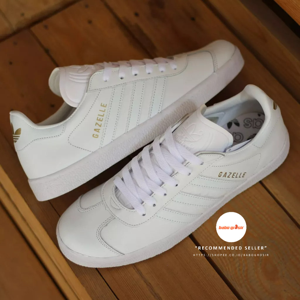 PROMO Sepatu Sneakers Murah | Adidas Gazelle Full White Premium TOP Quality, Bahan Kulit, Harga Termurah