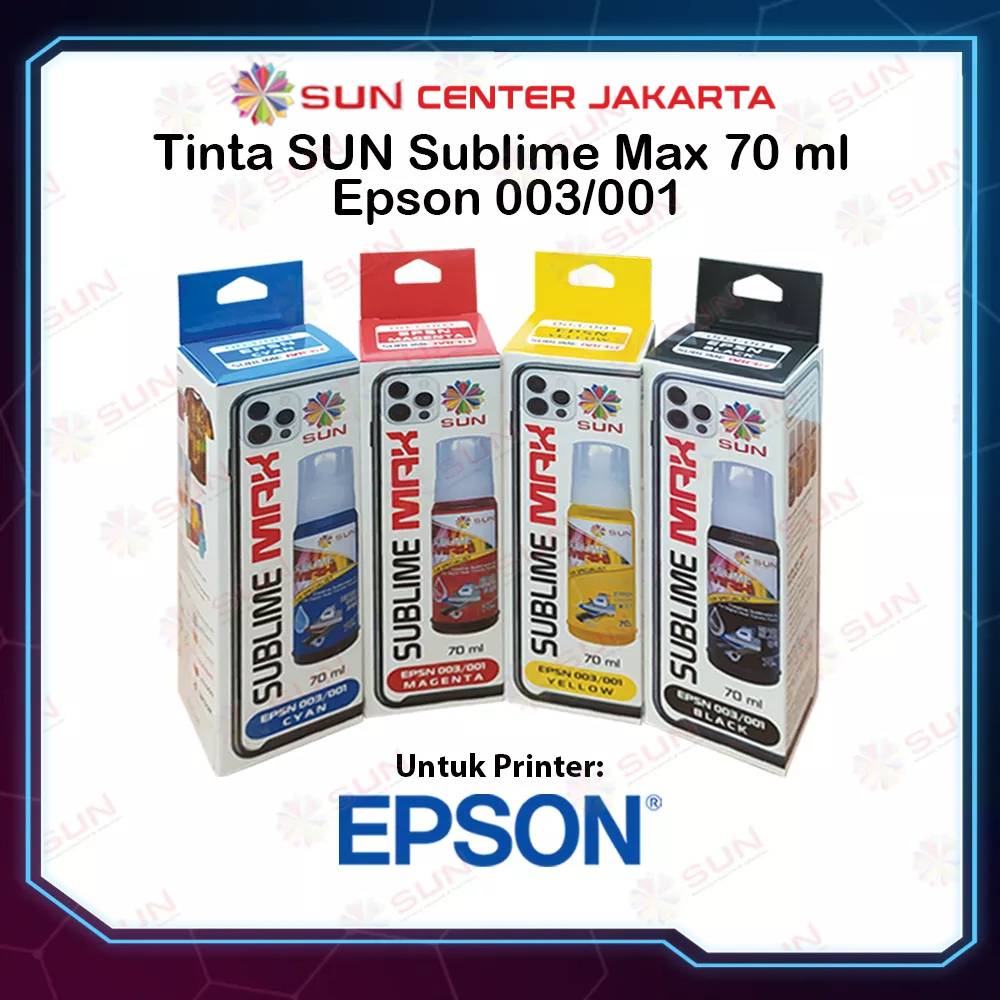 Tinta Epson Sablon 003 / 001 - SUN Sublime Max 70 ml ( transfer ke mesin press kaos, mug, piring, keramik, lanyard ) untuk Printer Epson   L1100 / L1110 / L1111 / L1200 / L1210 / L1211 / L1300 / L3110 / L3111 / L4150 / L4160 / L6160 / L6170 / L6190