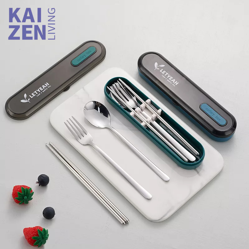 Letyeah &amp; Kaizenliving Set Alat Makan Stainess Steel 304 3pcs Garpu Sumpit Sendok Set Portable Cutlery Set