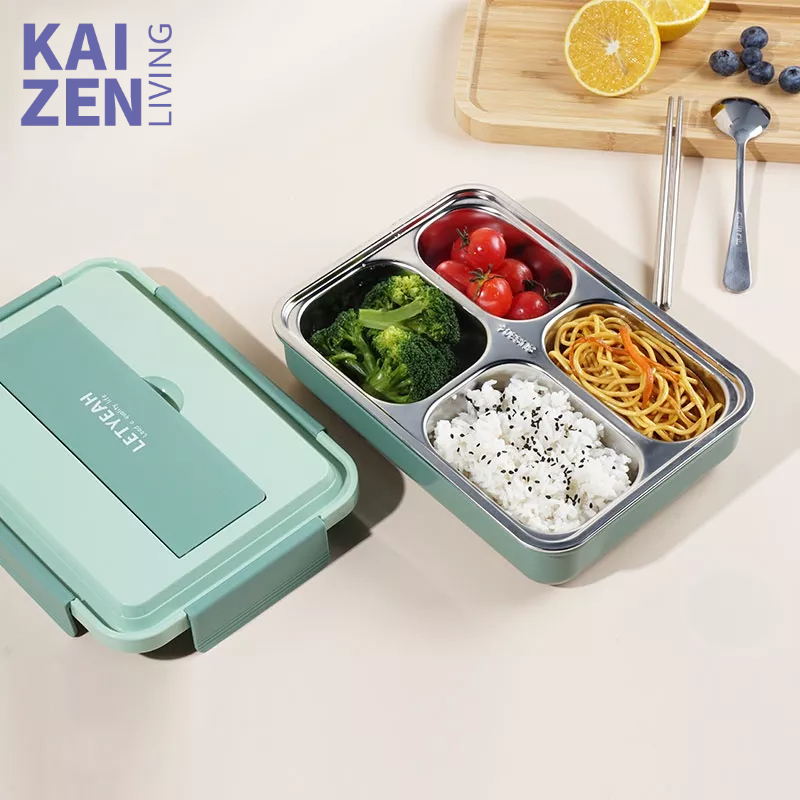 Letyeah &amp; Kaizenliving Lunch box 304 stainless steel kotak makan 4 girds anti tumpah /free sendok dan sumpit