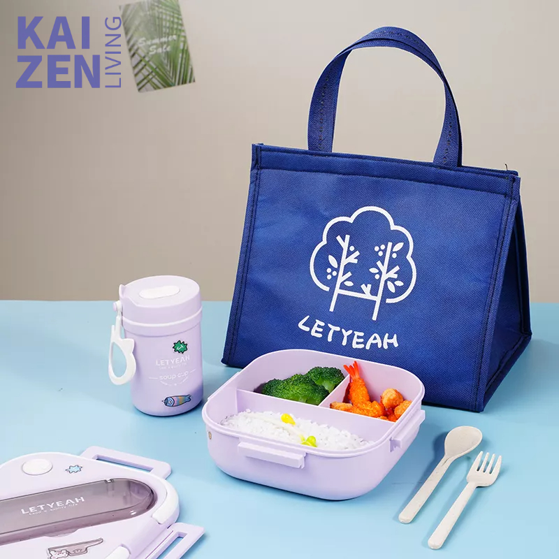 Letyeah &amp; Kaizenliving Tempat Makan Set Tas 3 Grid 1300ml Lunch Box Set Anti Tumpah Kotak Makan Plastik Kotak Bekal