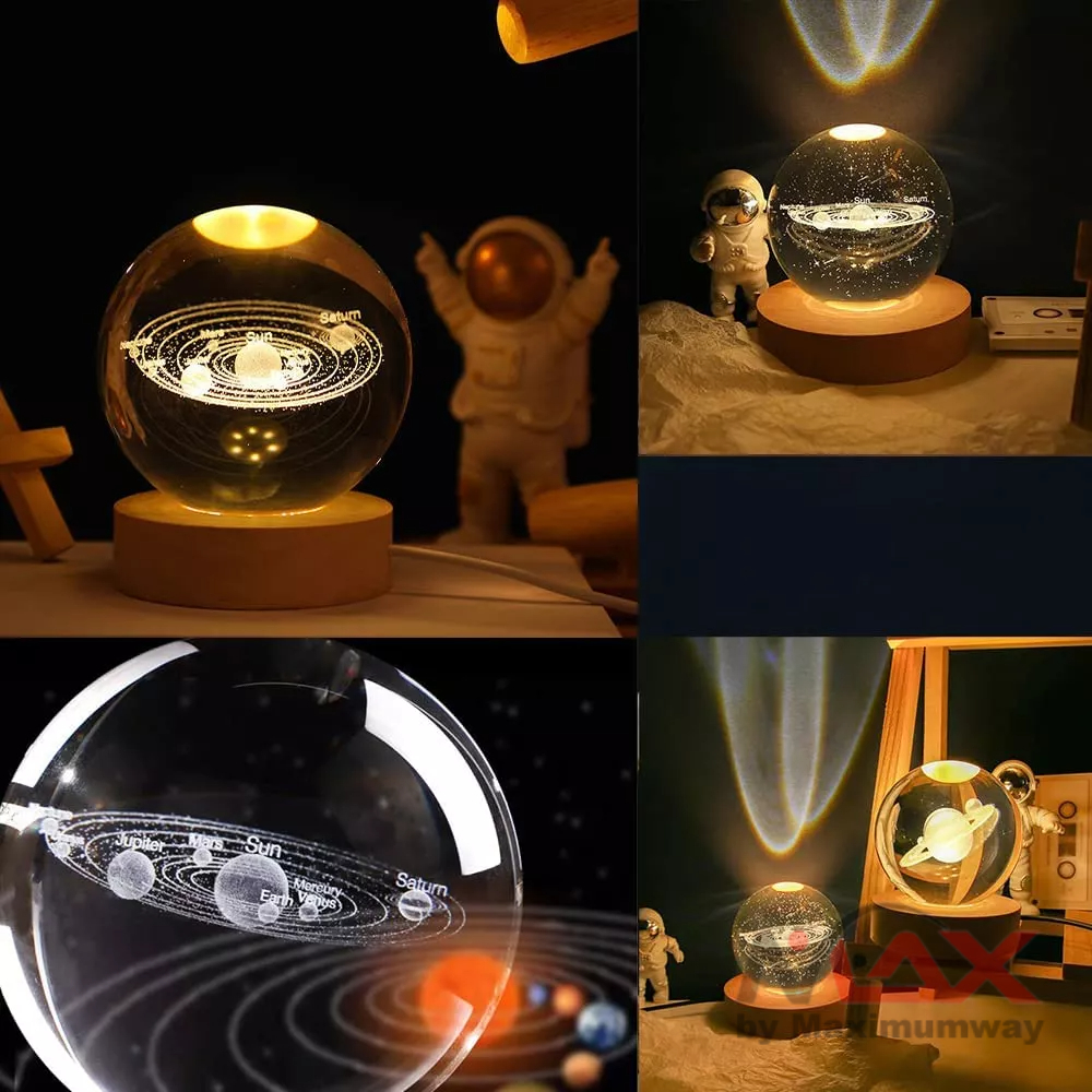 AMARYLLIS Lampu Tidur Dekorasi pajangan meja 3D tata surya bola kaca kristal planet bintang bertaburan cocok untuk pajangan meja tidur dengan sinar yang halus Astronomy 3D Solar System Crystal Ball with LED Lighting Sphere Stand Holder Laser