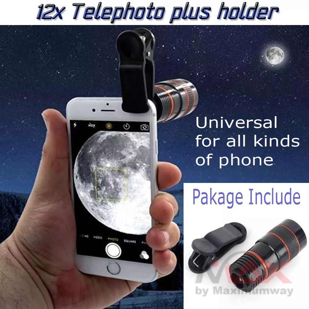 MOONBIFFY Telescope 12x HP (harga untuk tele + holder) teropong lensa handphone jarak jauh zoom in dan out universal untuk semua merek HP android dan Iphone Universal 12X High Clarity Zoom Telescope Phone Camera External Telephoto Lens with Clip