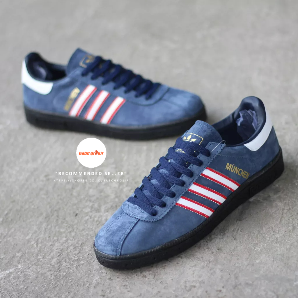 PROMO Sepatu Sneakers Adidas Munchen Edge Navy Premium TOP Quality Include Box, Bahan Kulit Suede ASLI, Harga Termurah