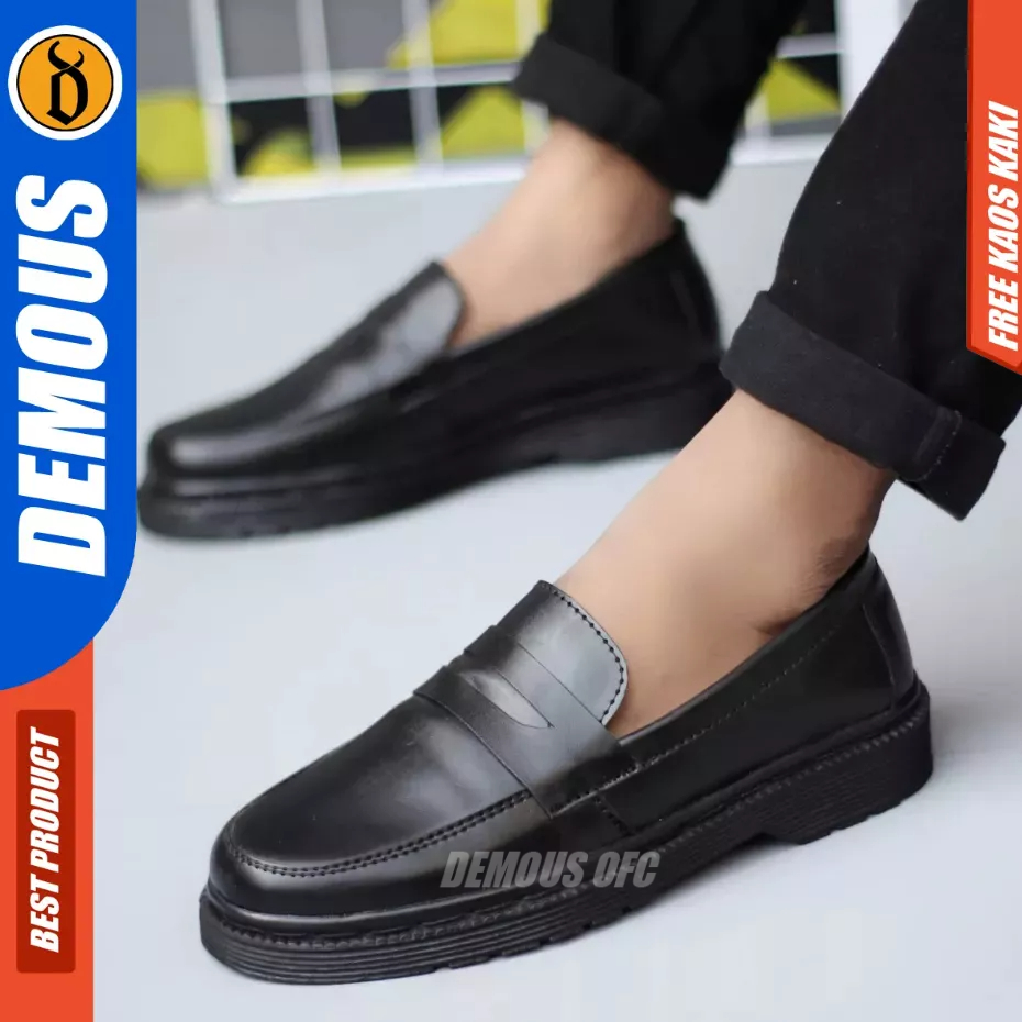 Demous Polis - Sepatu Loafers Docmart Pantofel Hitam Kerja Pria