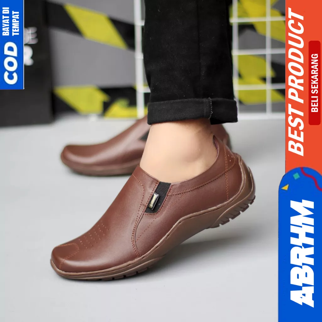 ABRHM Casual Formal Slop Kulit Asli Pantofel Hitam Kerja Pria