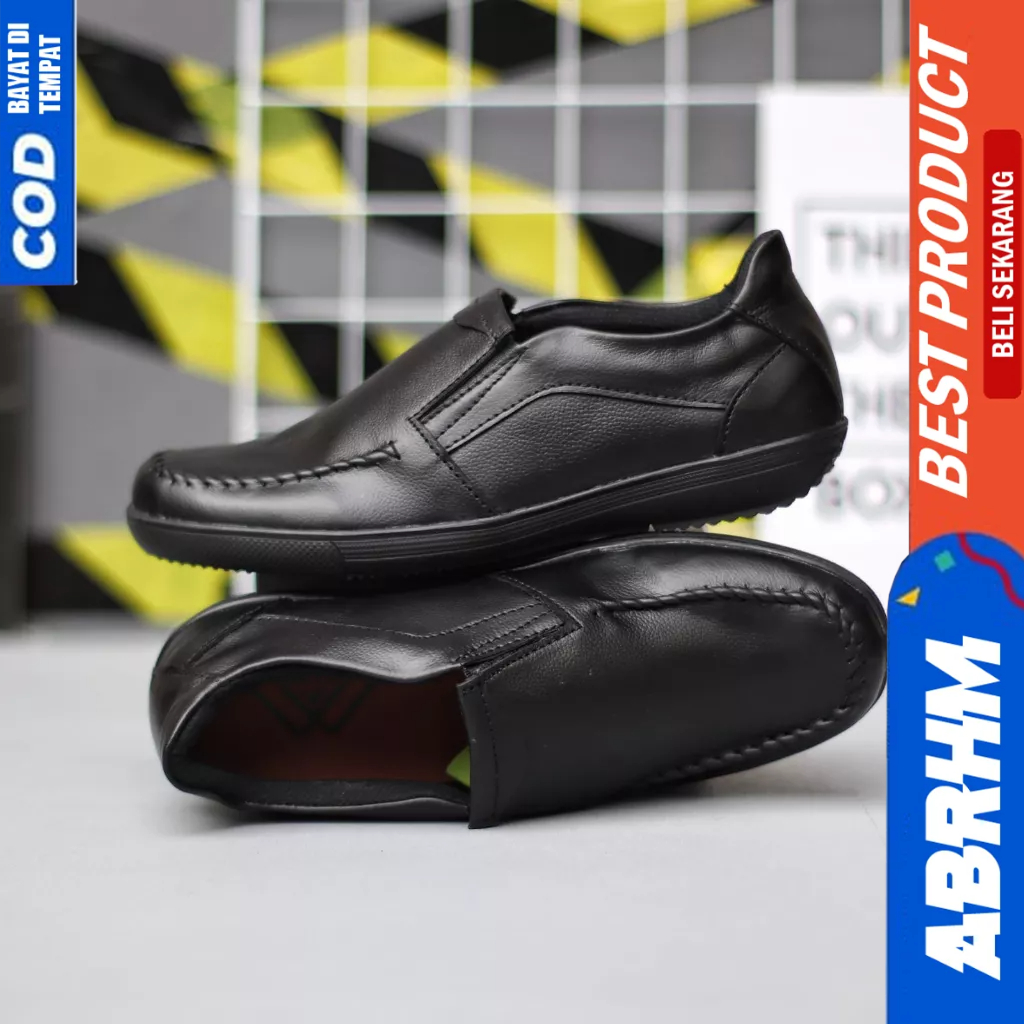 ABRHM Sepatu Casual Formal Slop Kulit Hitam Kerja Pria