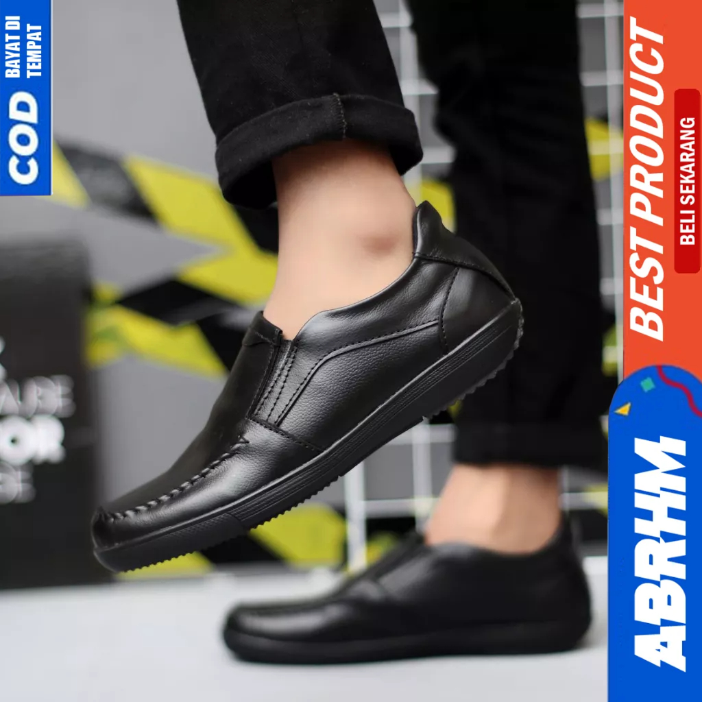 ABRHM Sepatu Casual Formal Slop Kulit Hitam Kerja Pria