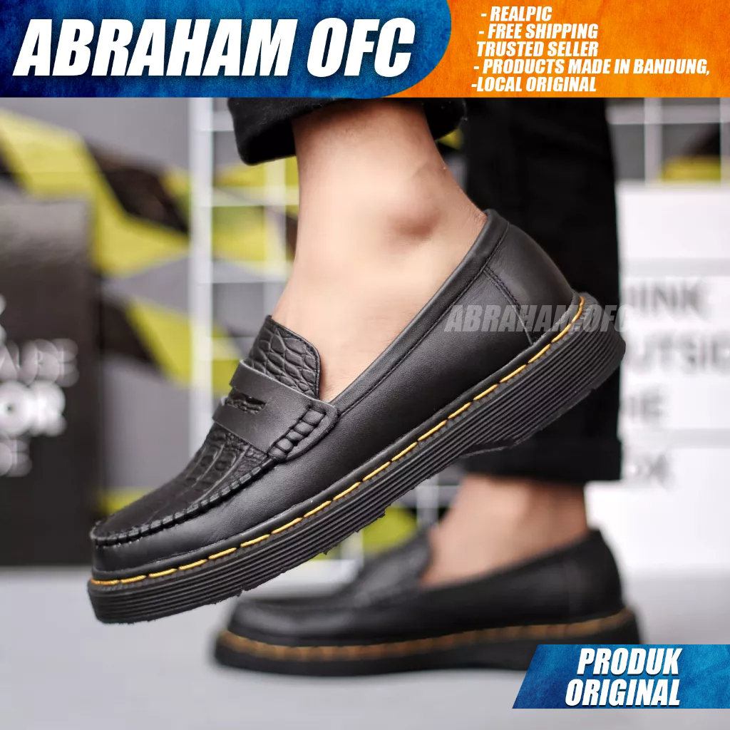 ABRAHAM Sepatu Docmart Loafers Kulit Asli Formal Pantofel Hitam Kerja Pria