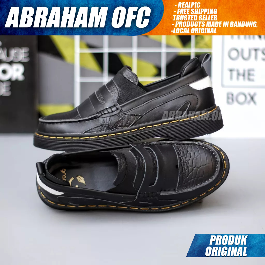 ABRAHAM Sepatu Loafers Docmart Casual Kulit Asli Formal Pantofel Hitam Kerja Pria