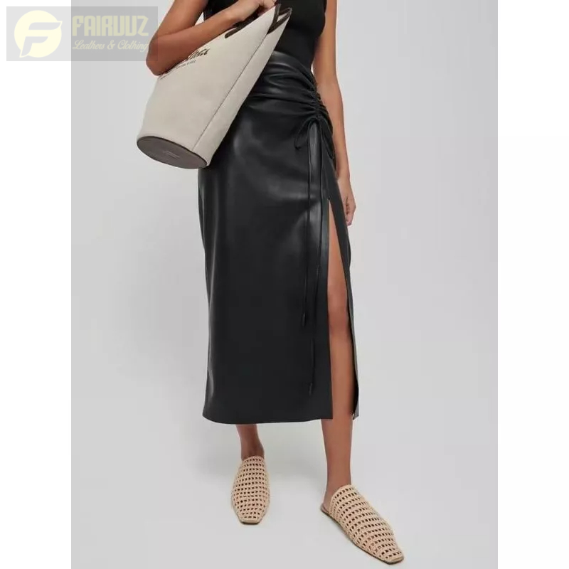 Rok Serut Kulit Midi Rok Pensil Korea Rok Span Rok Panjang Belahan Tinggi Samping Sedang Terbaru Bah
