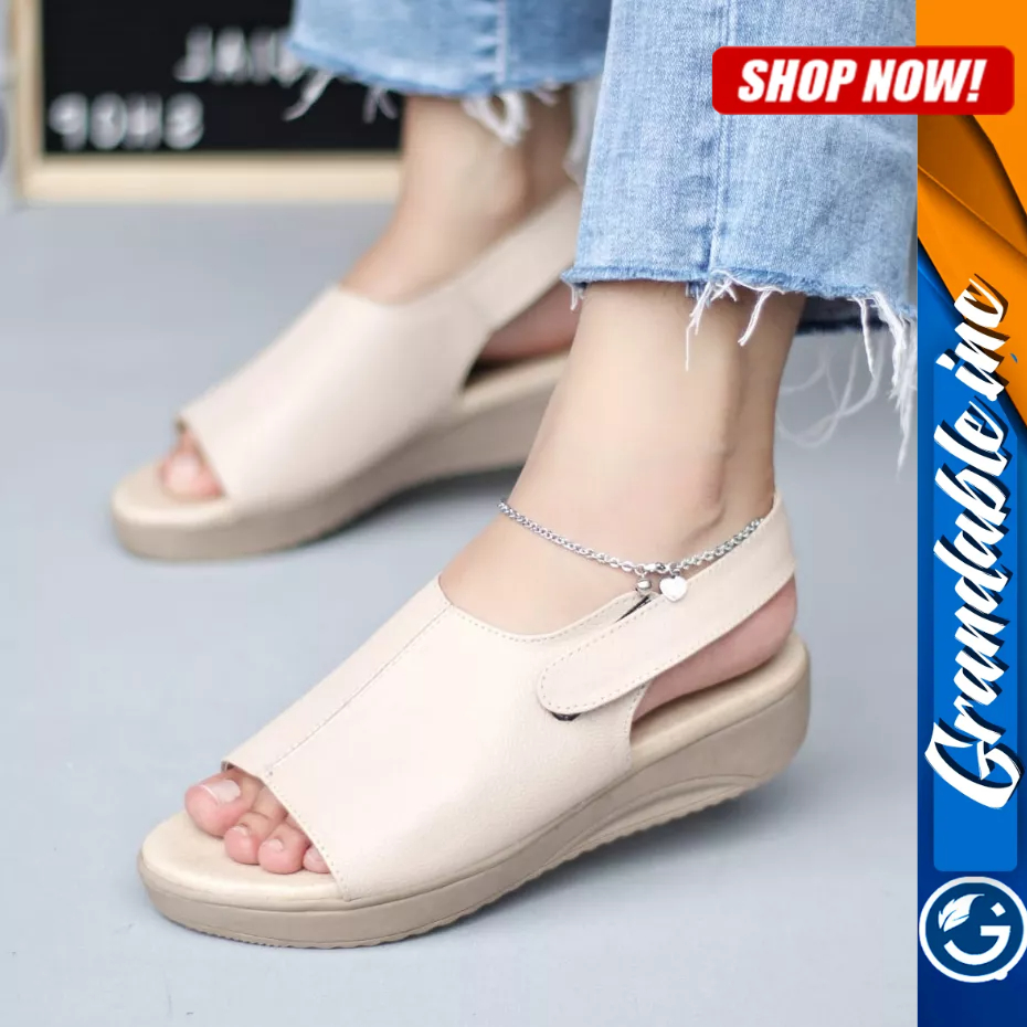 Sepatu Sandal Wedges 3Cm Slop Slide Tali Kulit Asli Wanita Dayana