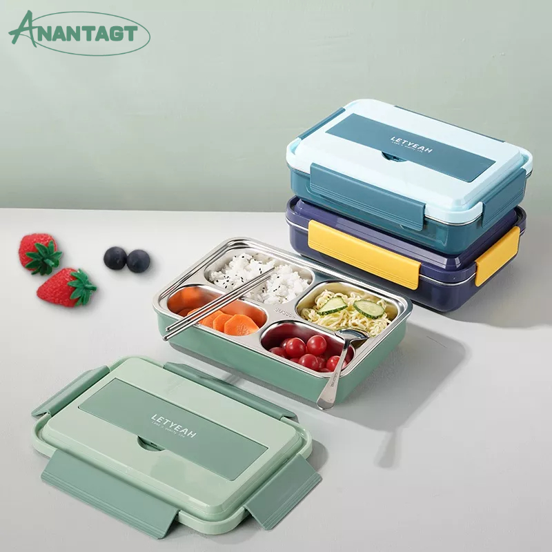 Letyeah &amp; Anantagt 4 Grid lunch box tempat makan Stainless Steel 304  Kotak Makan anti bocor 1000ml