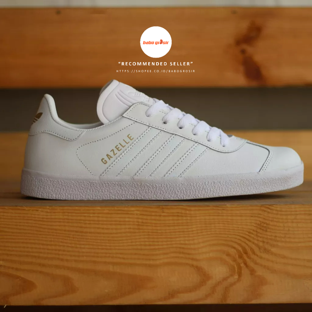 PROMO Sepatu Sneakers Murah | Adidas Gazelle Full White Premium TOP Quality, Bahan Kulit, Harga Termurah