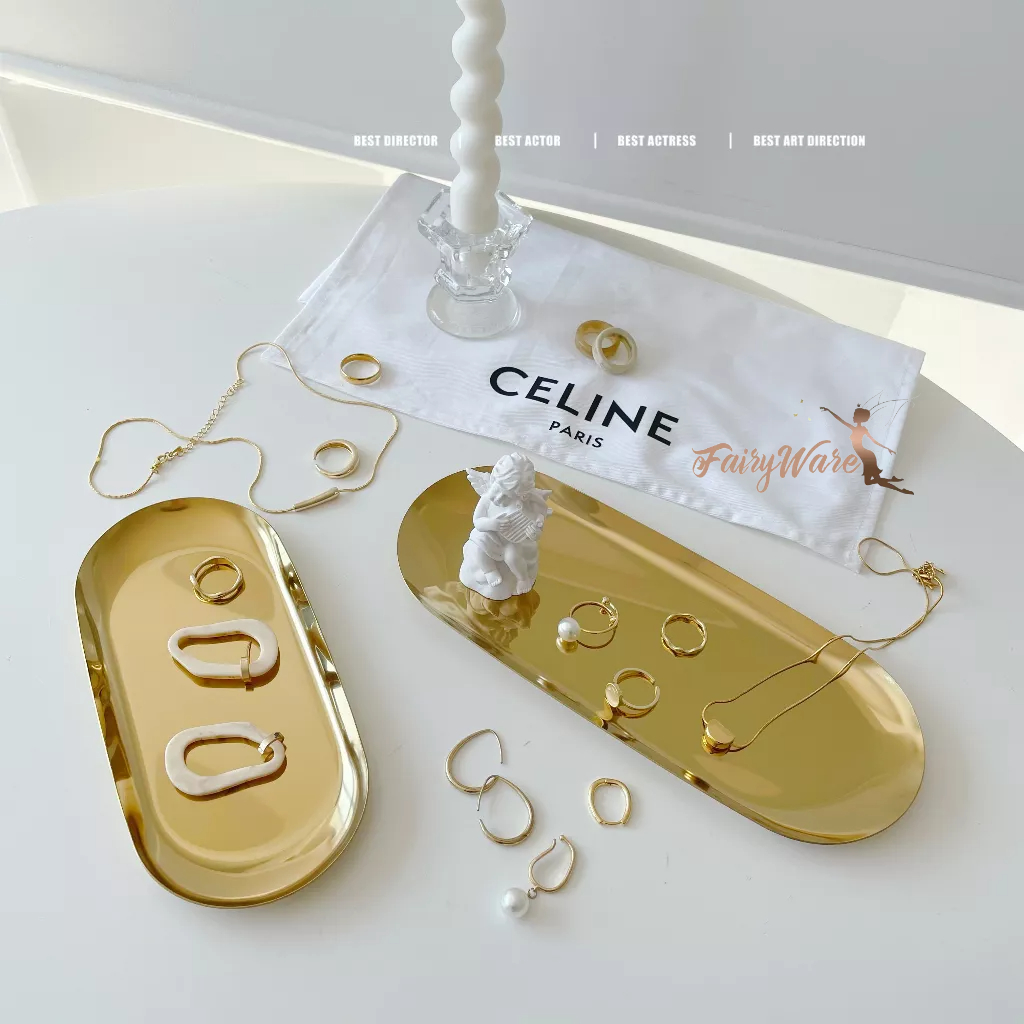 Aesthetic Tray Nampan Piring Oval Emas Perak Silver Gold Perhiasan Stainless Kilap Elegan Cantik Wad