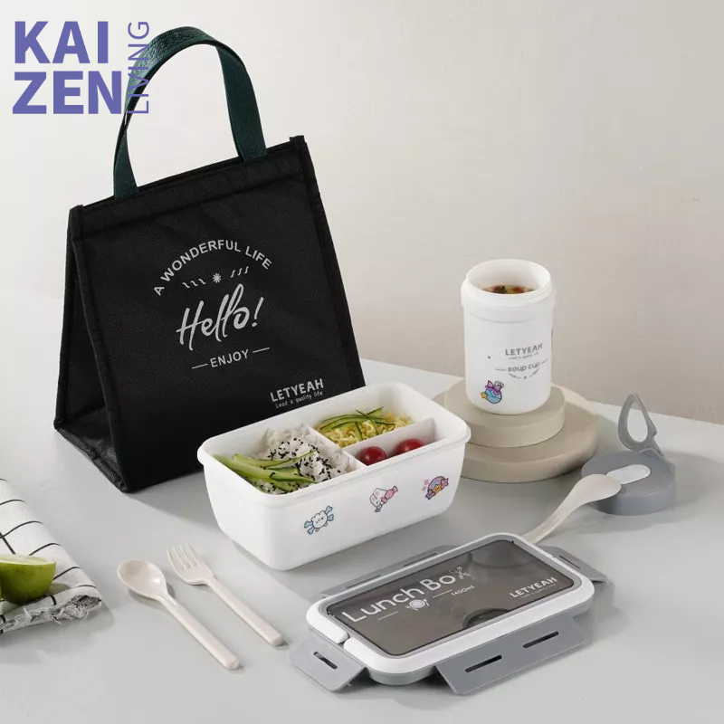 Letyeah &amp; Kaizenliving tempat makan anak sekolah set tas / kotak makan plastik 1400ml / lunch box set tas / tempat makan anti tumpah + stiker lucu