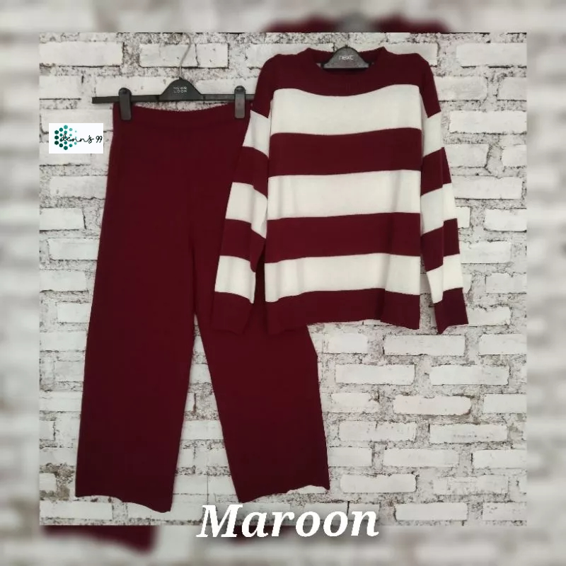 ONE SET CELANA KULOT + SWEATER STRIPE / STELAN RAJUT WANITA