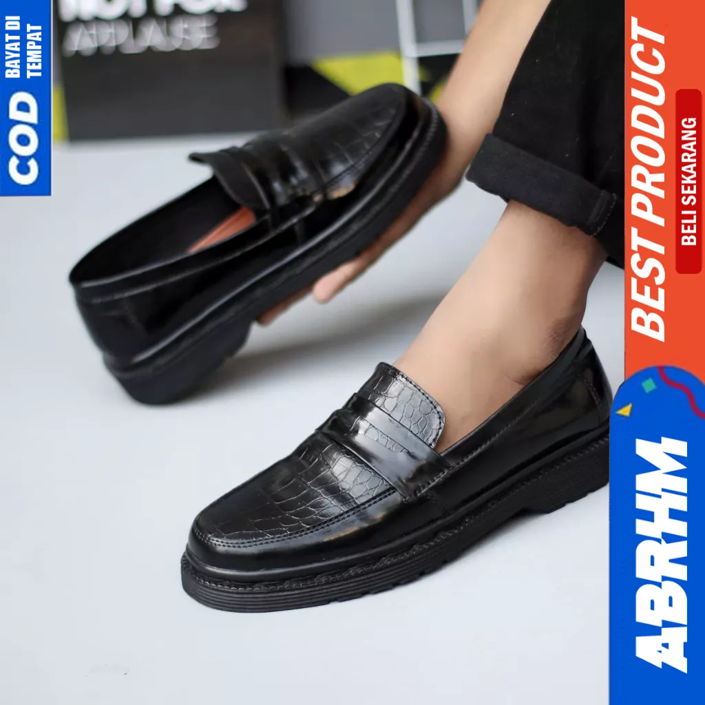 ABRHM Sepatu Penny Loafers Docmart Formal Hitam Pria