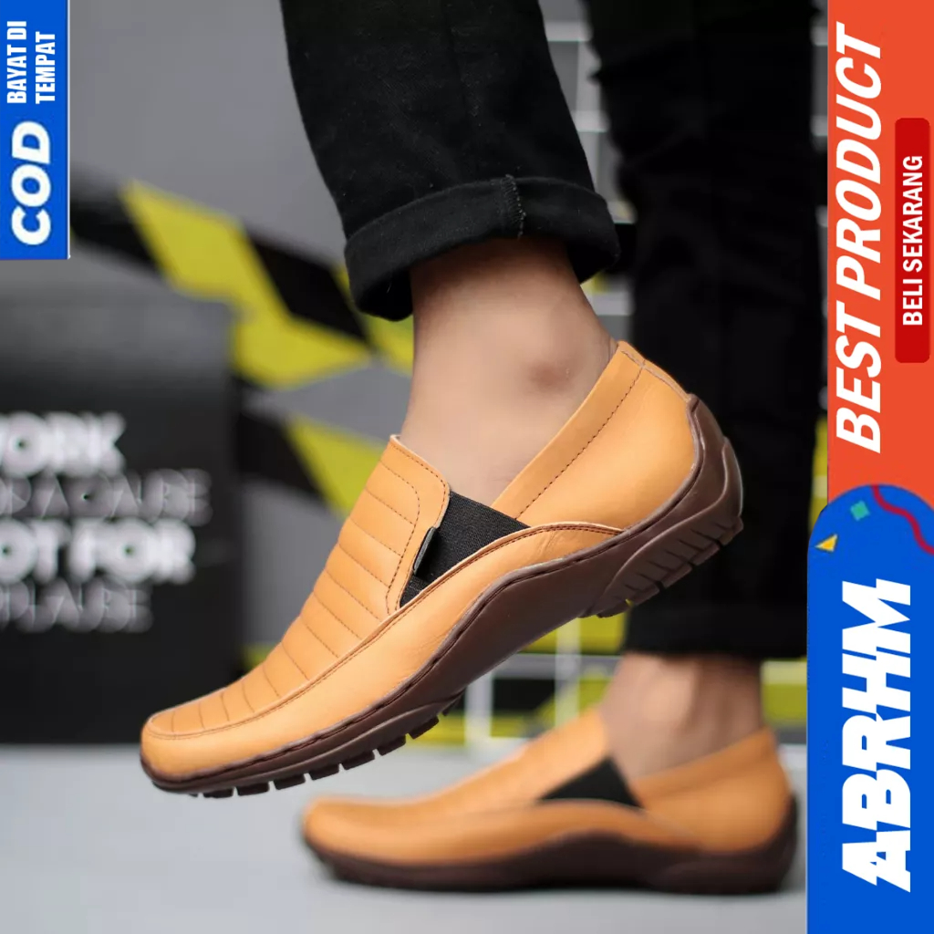 ABRHM Casual Formal Slop Kulit Asli Pantofel Hitam Kerja Pria